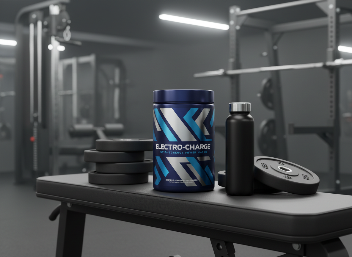A tightly sealed dark blue container of intra-workout electrolyte powder, featuring bold geometric patterns and a metallic sheen, sitting on a gym bench surrounded by neatly arranged weight plates and a matte black water bottle. Soft overhead gym lighting illuminates the scene, highlighting the container’s contours and casting subtle, dynamic shadows on the surface below. A shallow depth of field blurs the rugged gym background to focus attention on the product. The mood is energetic and aspirational, with a clean, modern aesthetic that appeals to performance-driven customers seeking science-backed solutions.