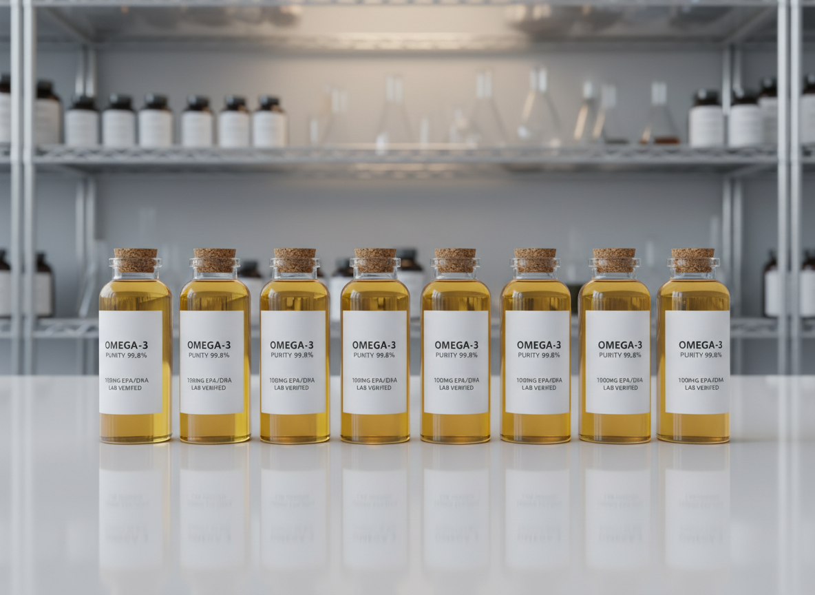 An elegant row of glass vials filled with golden omega-3 oil, each vial clearly labeled with precise, minimalist text, aligned neatly on a high-gloss white laboratory bench. Bright but soft indirect laboratory lighting creates gentle reflections and enhances the clarity and color of the oil. In the softly blurred background, shelves of neatly ordered supplements and scientific glassware evoke a sense of rigorous quality control. Captured with a symmetrical, centered composition, the mood is scientific and sophisticated, emphasizing the store’s commitment to verified purity and premium supplement offerings.